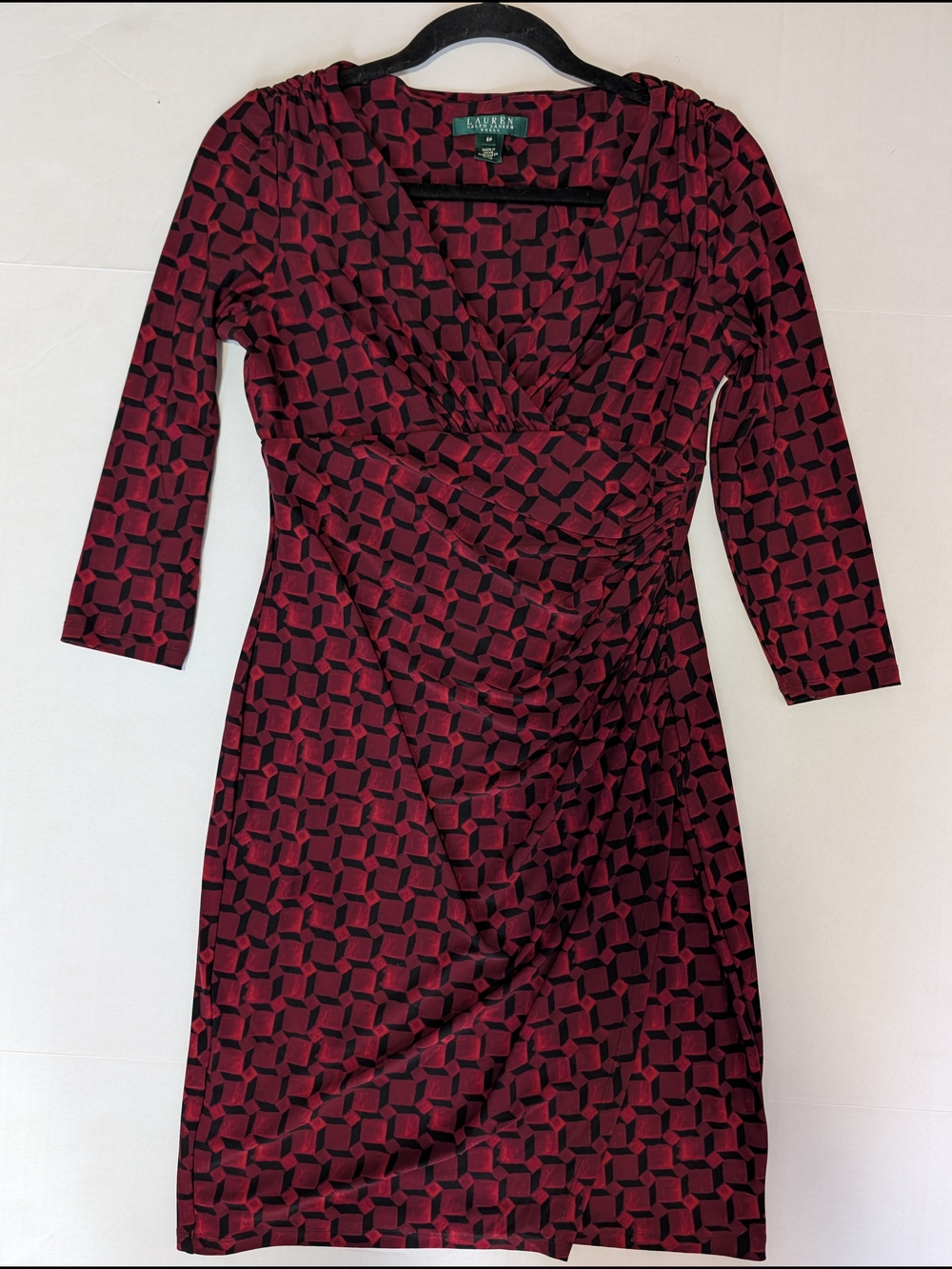 Lauren Ralph Lauren 6P Red Black Geometric Faux Wrap Side Ruched Jersey Dress
